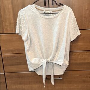 Gray Short Sleeve Tie-Front Top with Pearl Details